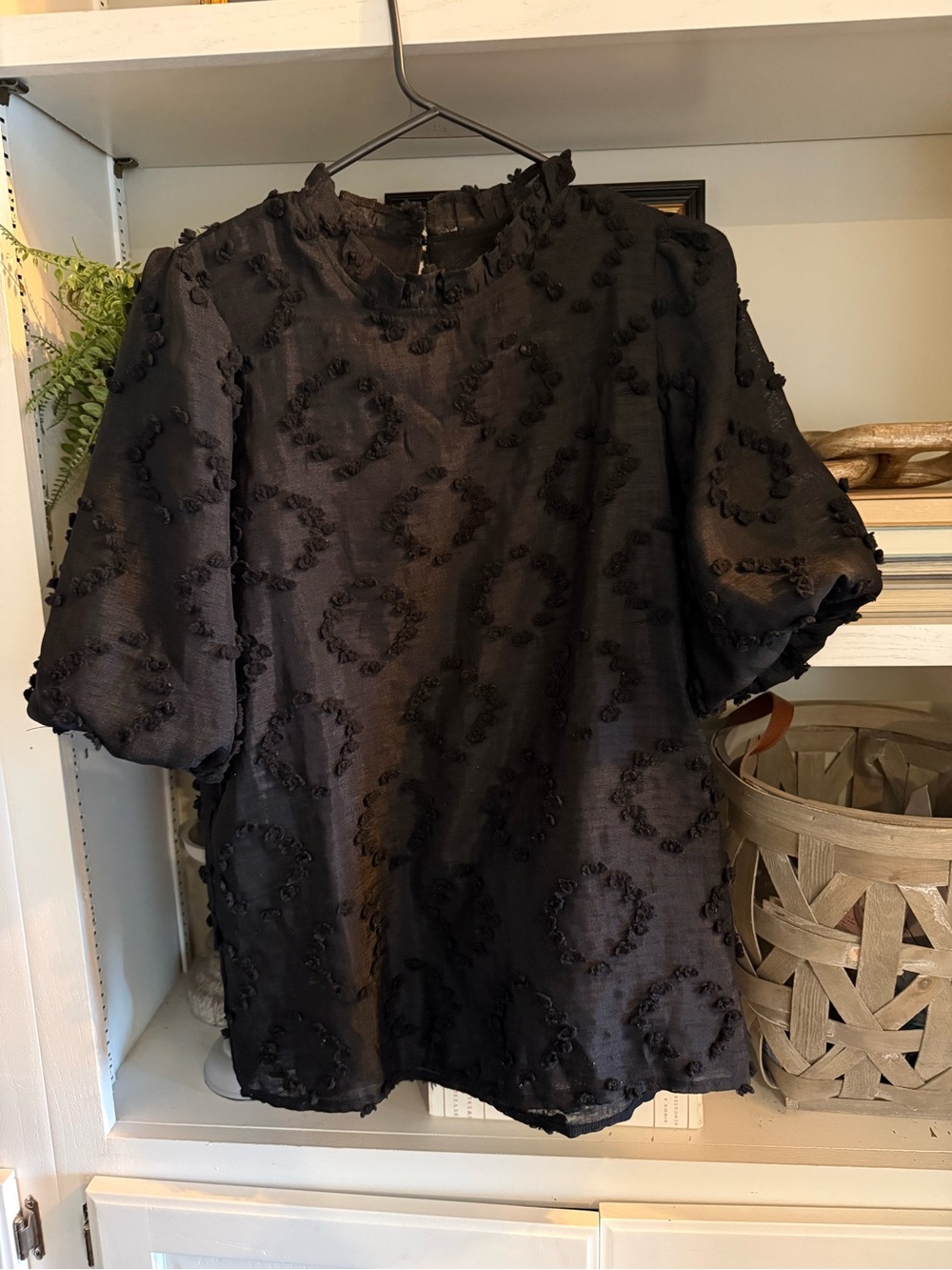 Women’s Textured Black Puff-Sleeve Top